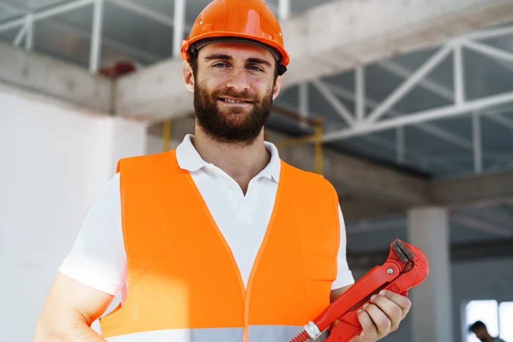Young male plumber in workwear holding pipe wrench on a construction site indoors